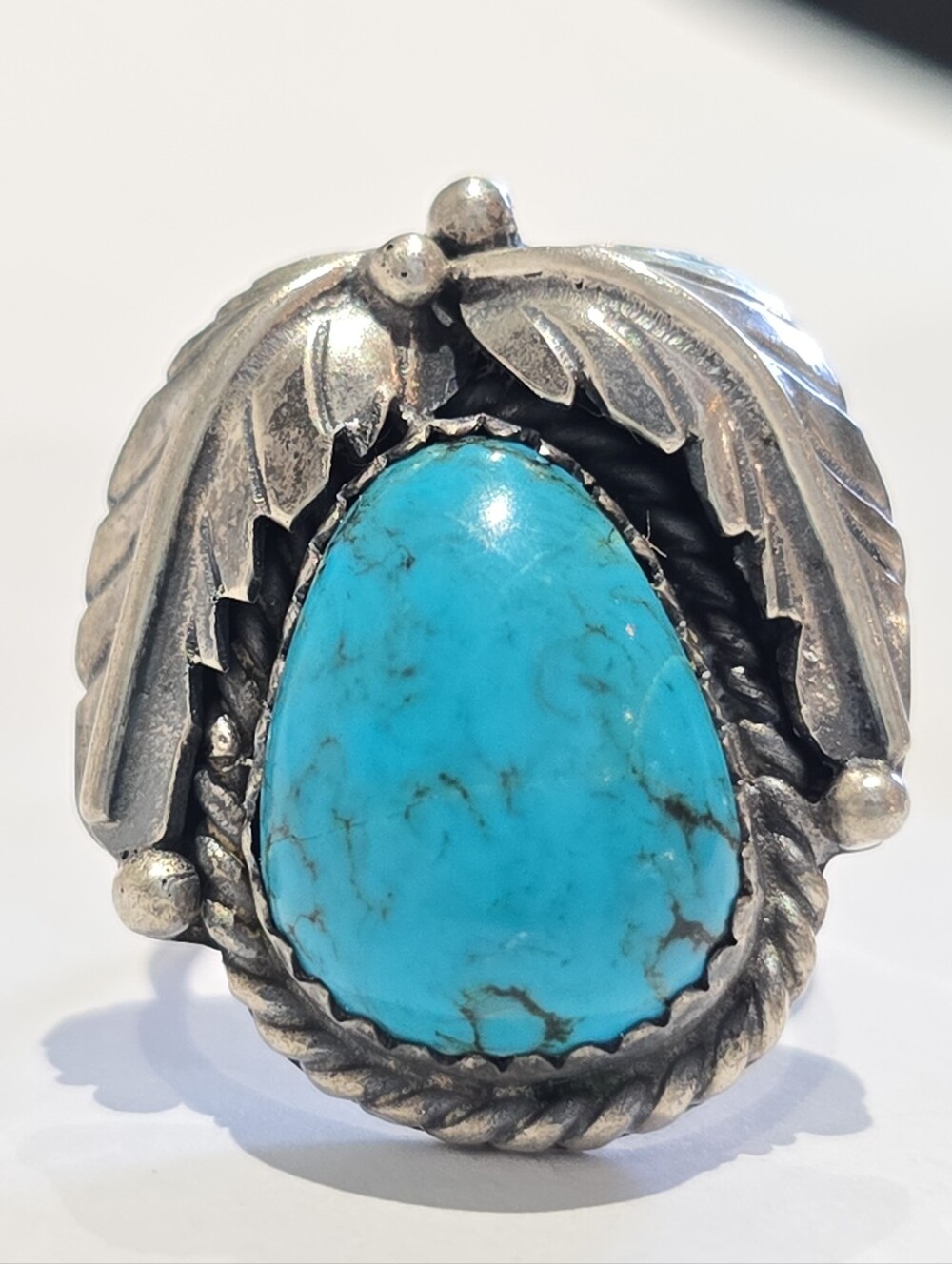 Vintage Sterling Silver Blue Turquoise And Silver Leaf Ring
